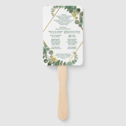 緑の葉の金ゴールドダイヤモンドフレーム結婚式 プログラム ハンドファン (裏面)