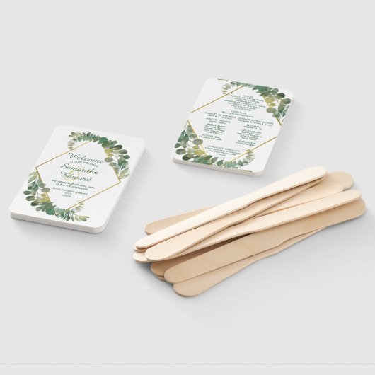 緑の葉の金ゴールドダイヤモンドフレーム結婚式 プログラム ハンドファン (組立なし)