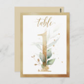 緑の葉の金ゴールドテーブル番号、テーブル1カード ポストカード (正面/裏面)