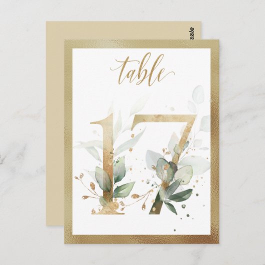 緑の葉の金ゴールドテーブル番号、テーブル17カード ポストカード (正面/裏面)