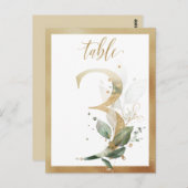 緑の葉の金ゴールドテーブル番号、テーブル3カード ポストカード (正面/裏面)