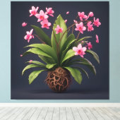 緑の葉を持つピンクの蘭の植物 キャンバスプリント (インサイチュ (ウッドフロア))