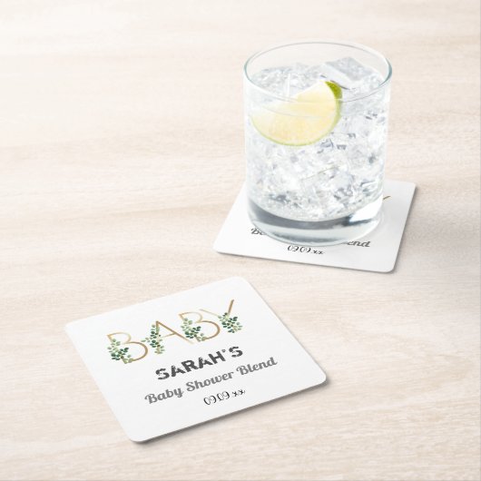 緑の葉エレガントベビースローガン赤ちゃんシャワー スクエアペーパーコースター (インサイチュ)