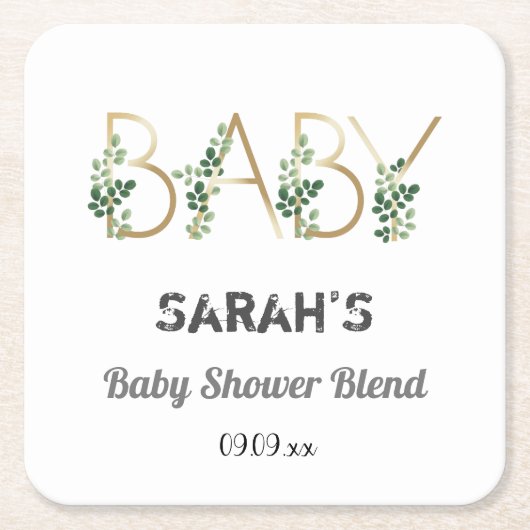 緑の葉エレガントベビースローガン赤ちゃんシャワー スクエアペーパーコースター (正面)
