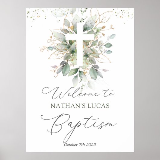緑の葉クロスベビー洗礼ポスター ポスター (正面)