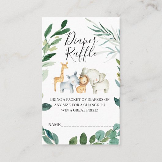 緑の葉サファリ動物おむつラッフルインサート 名刺 (正面)