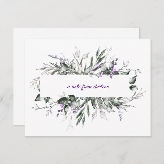 緑の葉フレームが付いている敏感な紫色の花 ノートカード (正面/裏面)
