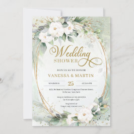 緑の葉ユーカリ白いバラの金ゴールド楕円 招待状