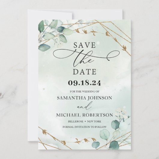 緑の葉ユーカリ葉フェイク金ゴールド枠 セーブザデート (正面)