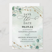 緑の葉ユーカリ葉フェイク金ゴールド枠 セーブザデート (正面/裏面)