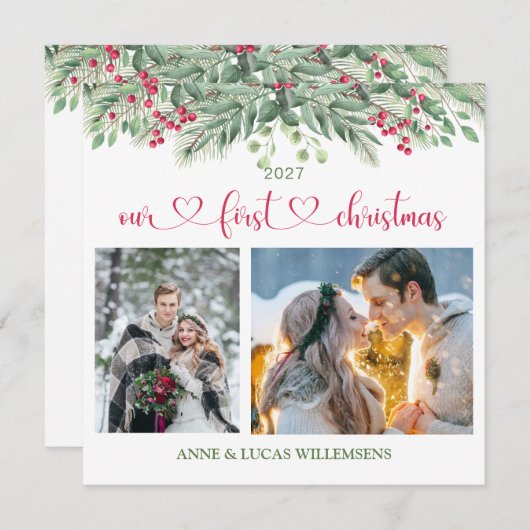 緑の葉レッドベリー私たちの最初のクリスマスフォト (正面/裏面)