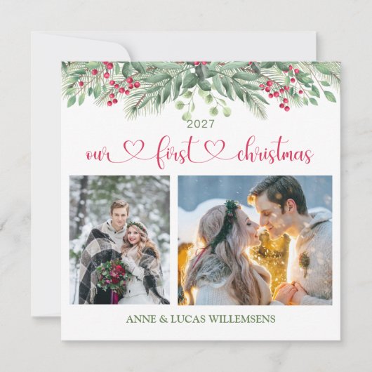 緑の葉レッドベリー私たちの最初のクリスマスフォト (正面)