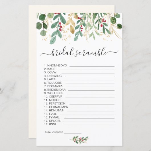 緑の葉ワードスクランブルブライダルシャワーゲーム (正面/裏面)