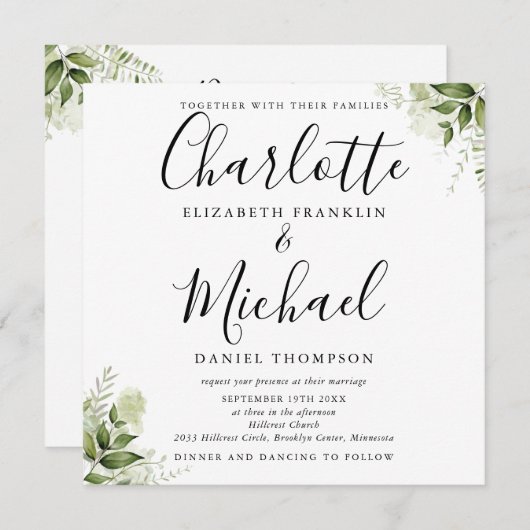 緑の葉人のエレガント脚色は一つ結婚で 招待状 (正面/裏面)