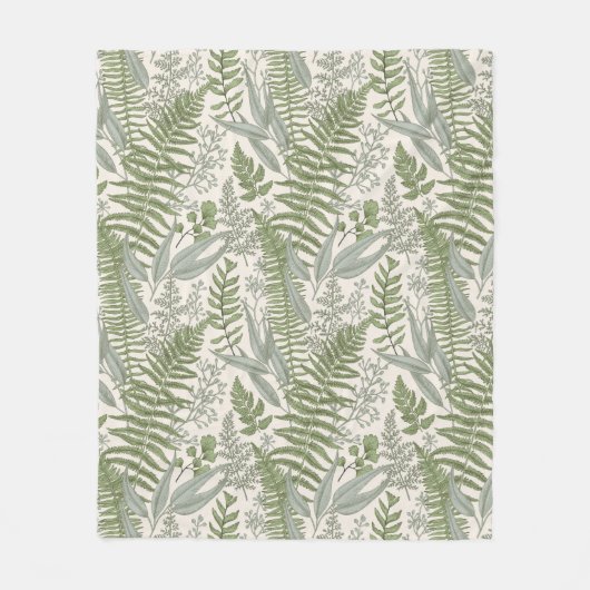 緑の葉付きガーデンフローラルパターン フリースブランケット (正面)