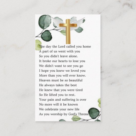 緑の葉写真葬式祈りの言葉カード 名刺 (裏面)