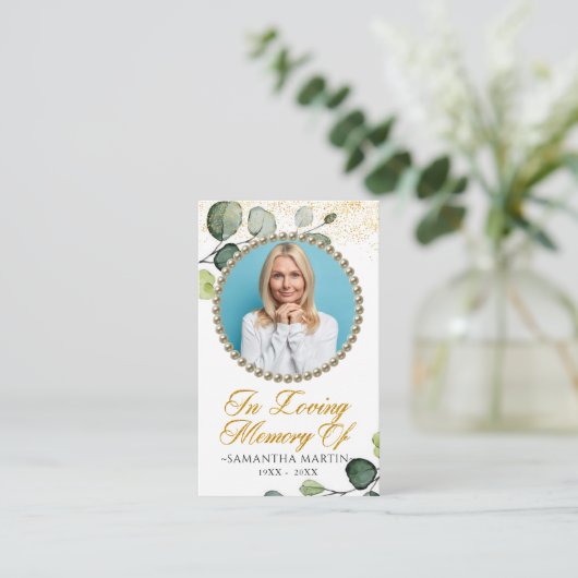 緑の葉写真葬式祈りの言葉カード 名刺 (スタンド正面)