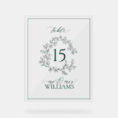 緑の葉冠モノグラム結婚のテーブル番号 アクリルサイン (正面)