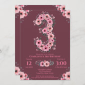緑の葉大3位の誕生日ガールピンクの花 招待状 (正面/裏面)