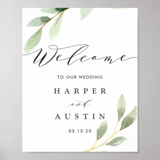 緑の葉植物学結婚の歓迎サイン ポスター (正面)