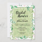 緑の葉水色のブライダルシャワー招待状 (正面)