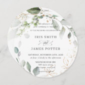 緑の葉素朴類葉リース結婚金ゴールド 招待状 (正面/裏面)