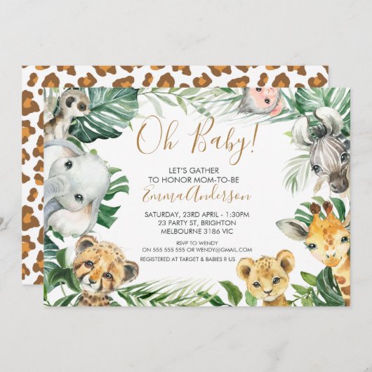 緑の葉緑のサファリ動物の赤ちゃんシャワー 招待状 (正面/裏面)