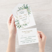 緑の葉金ゴールドフレーム写真テンプレートすべて1つ オールインワン招待状 (貼ってはがせる)