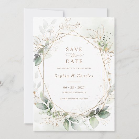 緑の葉金ゴールド幾何結婚の日救付 招待状 (正面)