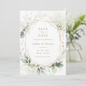 緑の葉金ゴールド幾何結婚の日救付 招待状 (スタンド正面)