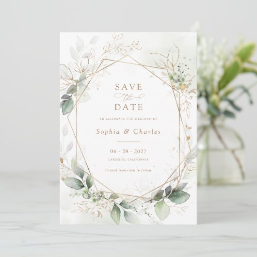 緑の葉金ゴールド幾何結婚の日救付 招待状 (スタンド正面)