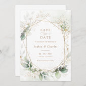 緑の葉金ゴールド幾何結婚の日救付 招待状 (正面/裏面)