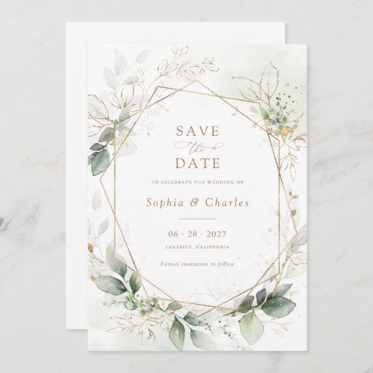 緑の葉金ゴールド幾何結婚の日救付 招待状 (正面/裏面)