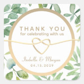緑の葉金ゴールド植物学結婚の感謝 スクエアシール (正面)