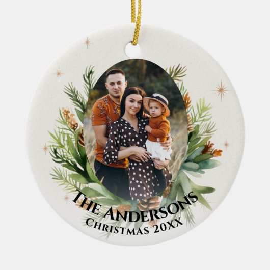 緑の葉離れの家族の写真メリークリスマス セラミックオーナメント (正面)