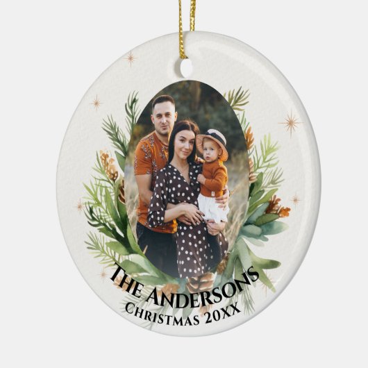 緑の葉離れの家族の写真メリークリスマス セラミックオーナメント (左)