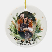 緑の葉離れの家族の写真メリークリスマス セラミックオーナメント (裏面)