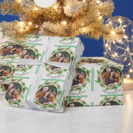 緑の葉離れの家族の写真メリークリスマス ラッピングペーパー