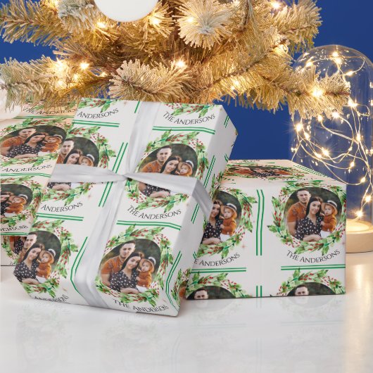 緑の葉離れの家族の写真メリークリスマス ラッピングペーパー (クリスマス)