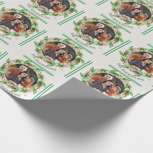 緑の葉離れの家族の写真メリークリスマス ラッピングペーパー (角)