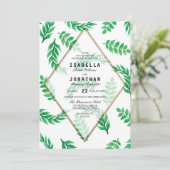 緑の葉 | ゴールドの花モチーフのエンゲージメントパーティー 招待状 (スタンド正面)