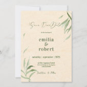 緑の葉、ベージュクラフト紙、日付を保存 招待状 (正面)