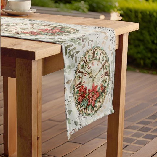 緑の葉、ポインセチア付き時計 ショートテーブルランナー