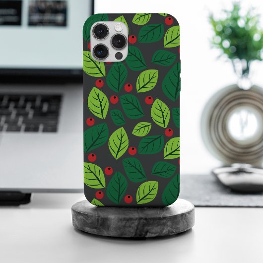 緑の葉、赤い実、葉のパターン Case-Mate iPhoneケース