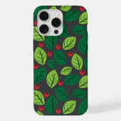 緑の葉、赤い実、葉のパターン iPhoneケース (裏面)