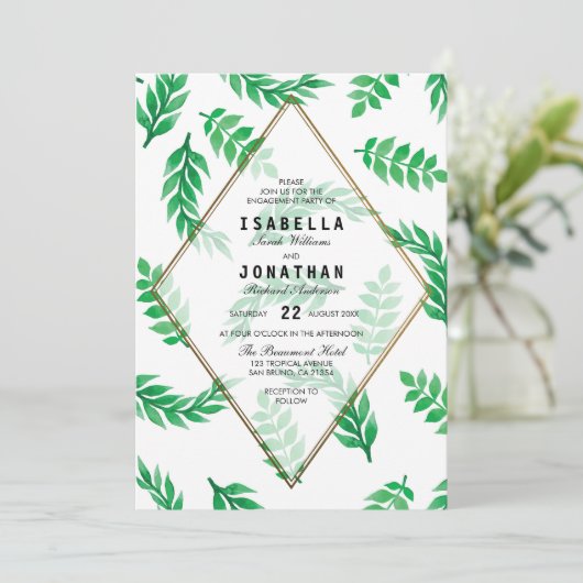 緑の葉|金ゴールドフローラ婚約パーティ 招待状 (スタンド正面)