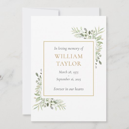 緑の葬儀悔やみや弔慰メモリアル祈りの言葉カード (正面)