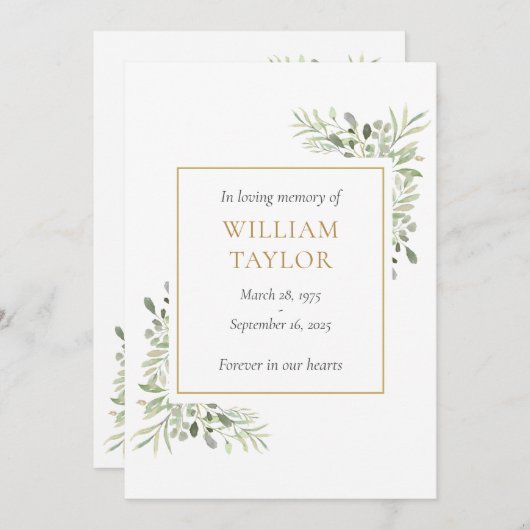 緑の葬儀悔やみや弔慰メモリアル祈りの言葉カード (正面/裏面)