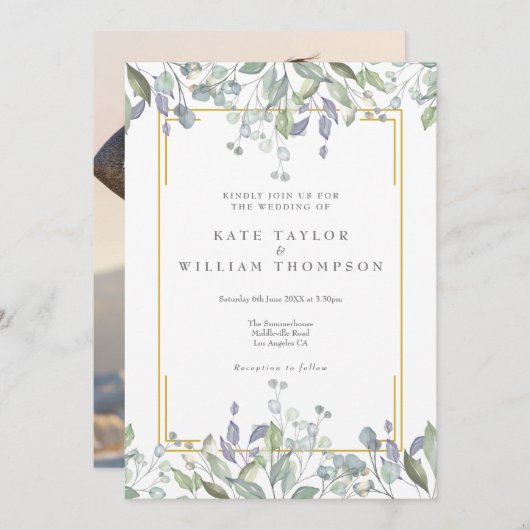 緑の薄紫水彩フローラ写真結婚の 招待状 (正面/裏面)
