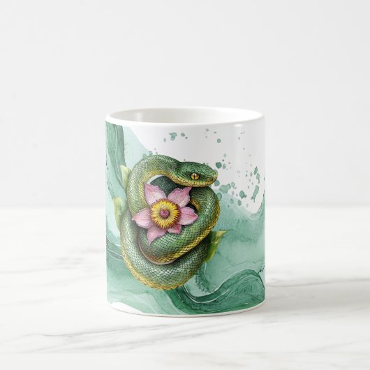 緑の蛇とピンクの花 コーヒーマグカップ (中央)